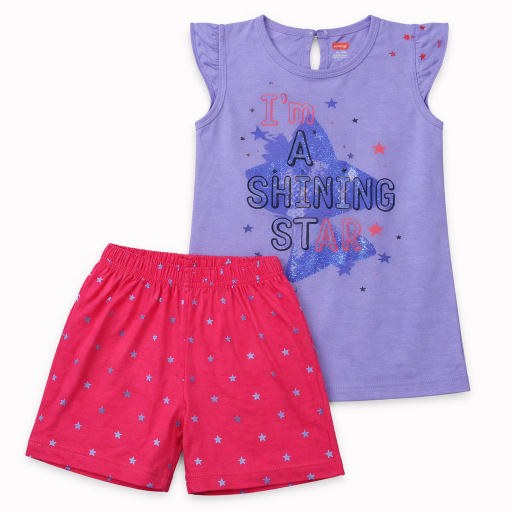 Luvlap Girls Purple Shining Star Top & Pink Shorts Set Cotton Summer Outfit - Cutypi