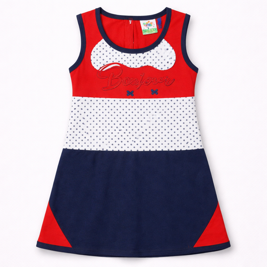Tip Top Baby Girl Sleeveless Cotton Dress Bonjour Print Red Blue Polka Dot Casual Frock - Cutypi