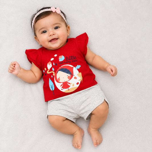 Baby Girls Red Printed Top & Red Shorts Set Cotton Summer Outfit