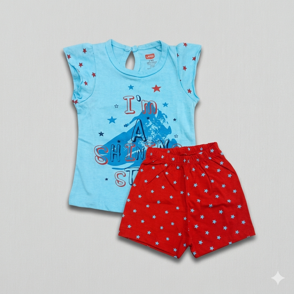 Luvlap Baby Girls Blue Printed Top & Red Shorts Set Cotton Summer Outfit - Cutypi