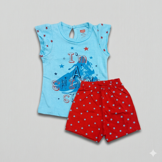 Luvlap Baby Girls Blue Printed Top & Red Shorts Set Cotton Summer Outfit - Cutypi