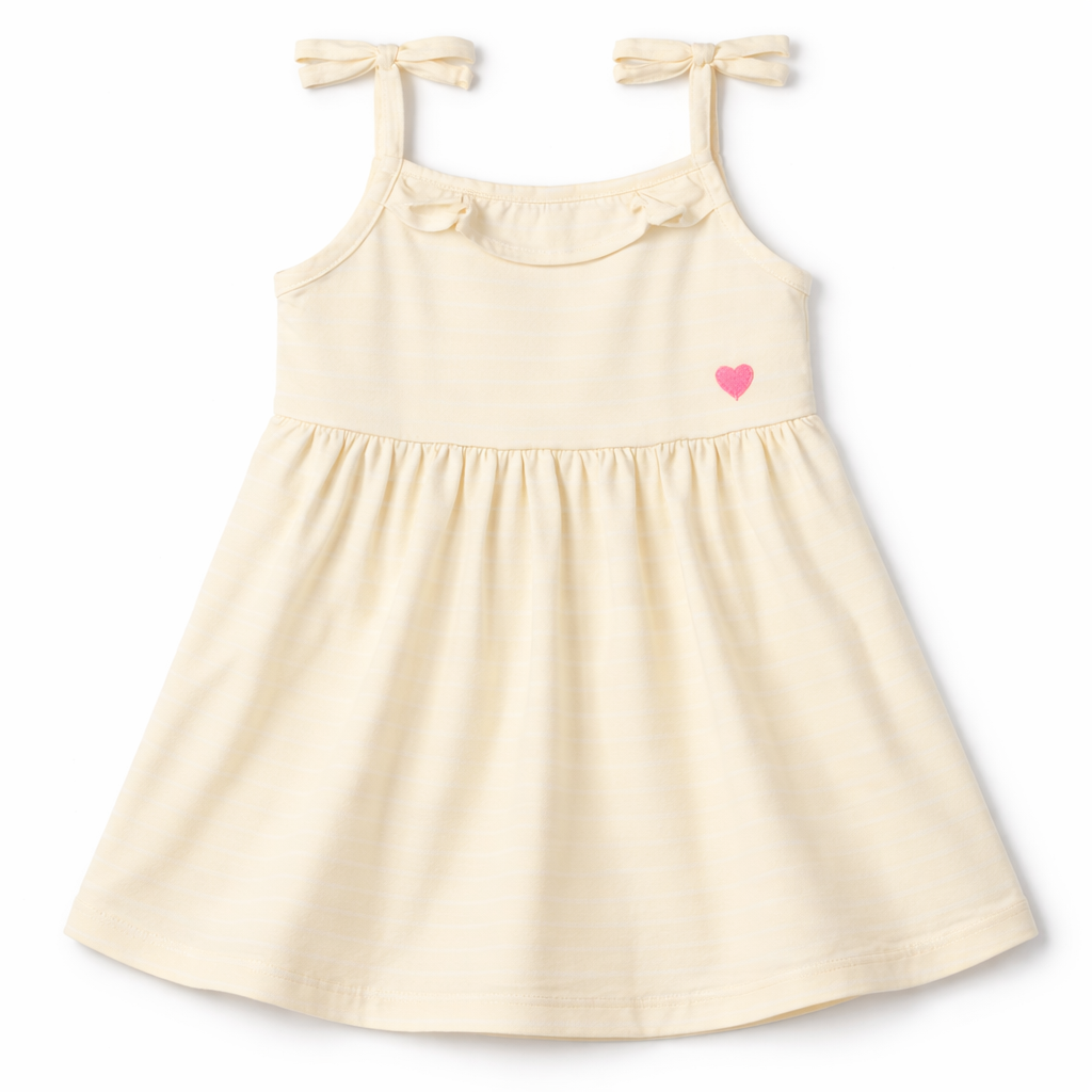 Zero Baby Girl Cotton Sleeveless Dress Cream Tie Strap Heart Detail Summer A-line Dress - Cutypi