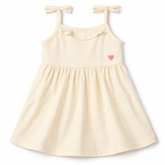 Zero Baby Girl Cotton Sleeveless Dress Cream Tie Strap Heart Detail Summer A-line Dress - Cutypi
