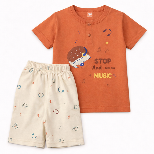 Zero Boys Cotton T-Shirt & Shorts Set – Rust Orange Music Theme