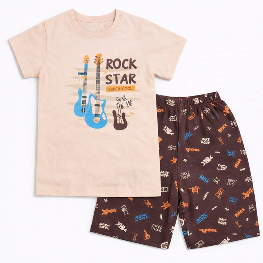 Cucumber Baby Rock Star Guitar Print Beige T-Shirt & Brown Shorts Set  - Cutypi