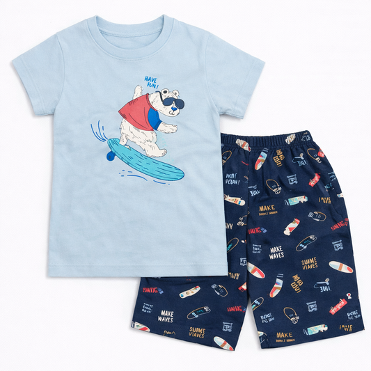 Cucumber Baby Surfing Bear Print Blue T-Shirt & Navy Shorts Set  - Cutypi