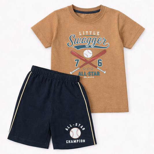 Baby Boys Little Swagger Baseball Print T-Shirt & Shorts Set Cotton Outfit