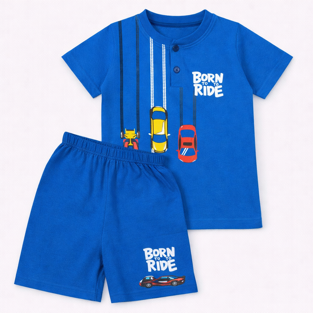 Cucumber Baby Boys Born To Ride Car Print T-Shirt & Shorts Set Cotton Outfit  - Cutypi