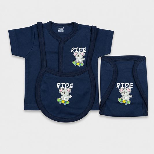Cucumber Ride Koala printed 100% cotton newborn baby clothing gift set with navy blue T-shirt, matching bib and nappy for baby boys and girls available online at Cutypi.