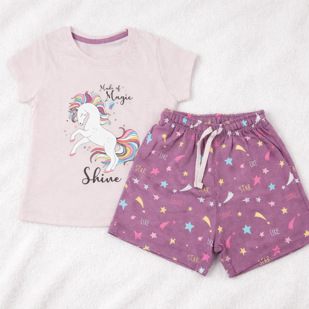Cucumber Baby Girl Magical Unicorn Print Pink T-Shirt & Purple Shorts Set - Cutypi