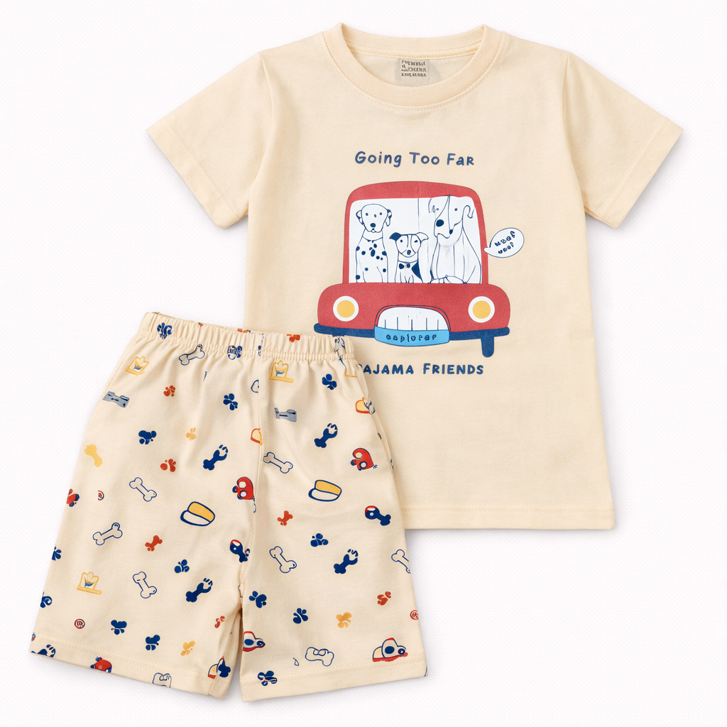Cucumber Baby Boys Cream Printed T-Shirt & Cartoon Shorts Set Cotton Summer Outfit  - Cutypi