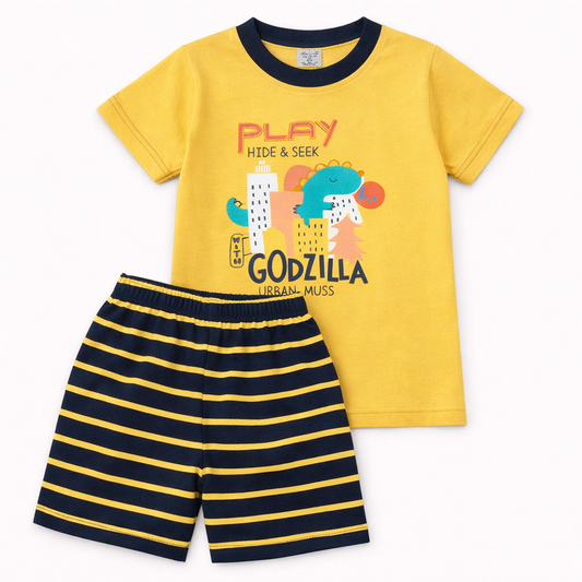 Simply Baby Boys Yellow Printed T-Shirt & Navy Striped Shorts Set Cotton Summer Outfit  - Cutypi