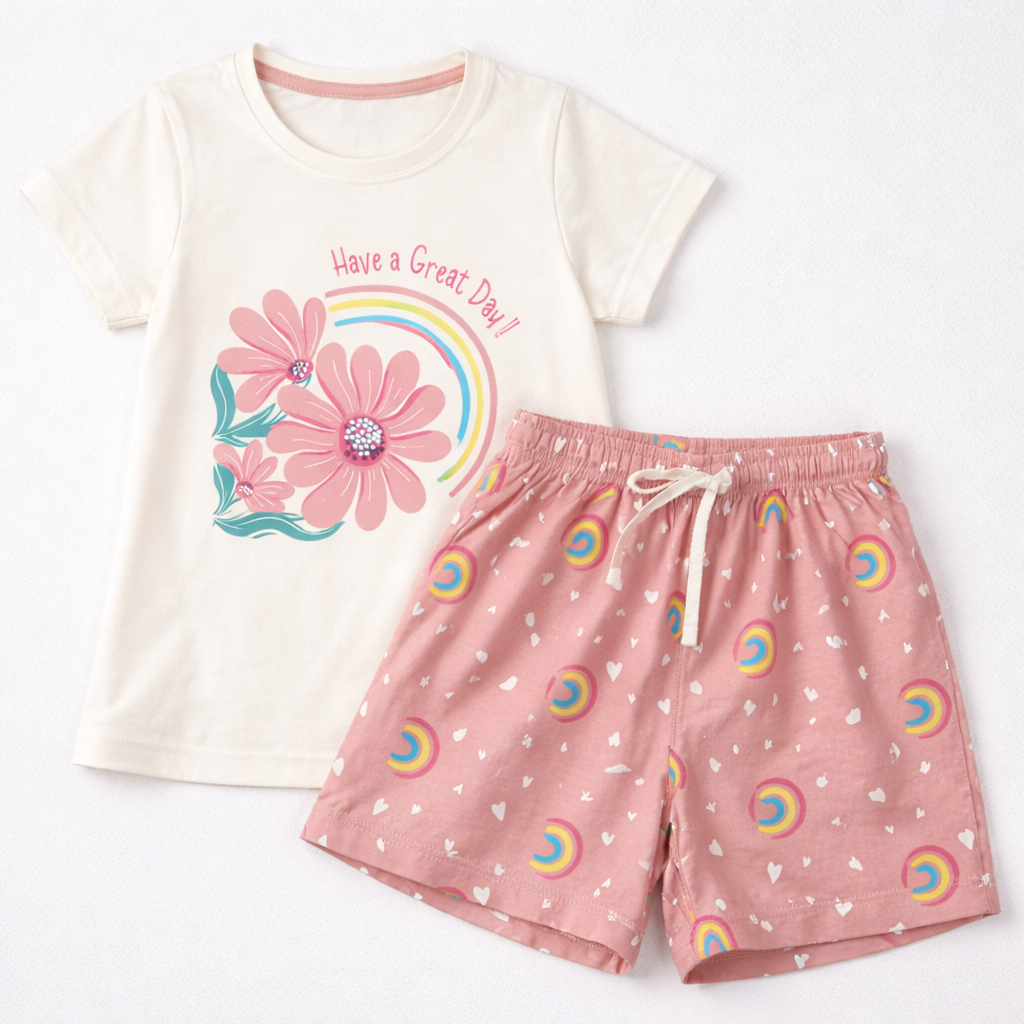 Cucumber Baby Girl Floral Rainbow Print Cream T-Shirt & Pink Shorts Set - Cutypi