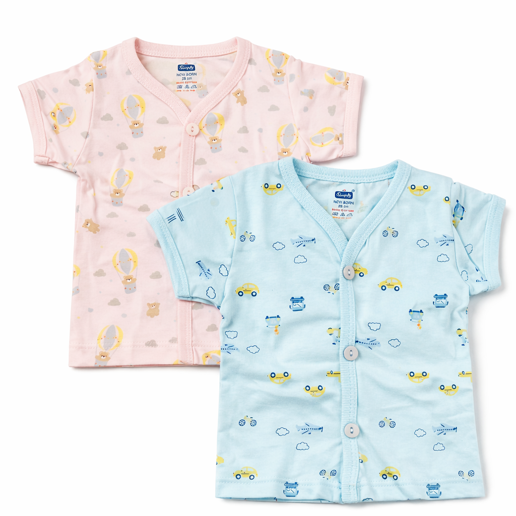 Baby Printed Front Open Cotton Printed T-Shirt – Pink & Blue (Hot Air Balloon & Car Print)