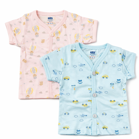 Baby Printed Front Open Cotton Printed T-Shirt – Pink & Blue (Hot Air Balloon & Car Print)