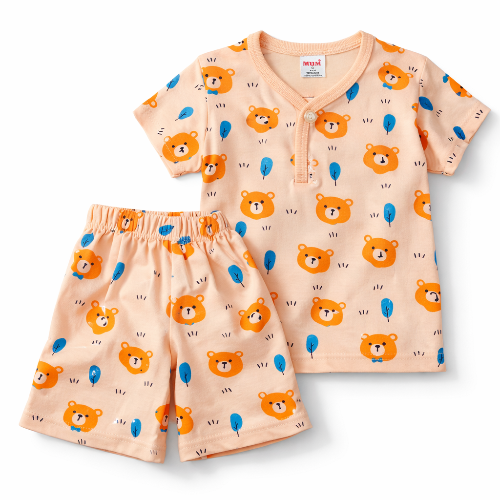 Mum Baby Bear Printed Cotton T-Shirt with Shorts Set – Peach Orange - Cutypi