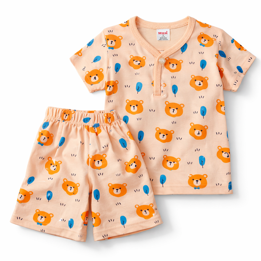 Mum Baby Bear Printed Cotton T-Shirt with Shorts Set – Peach Orange - Cutypi