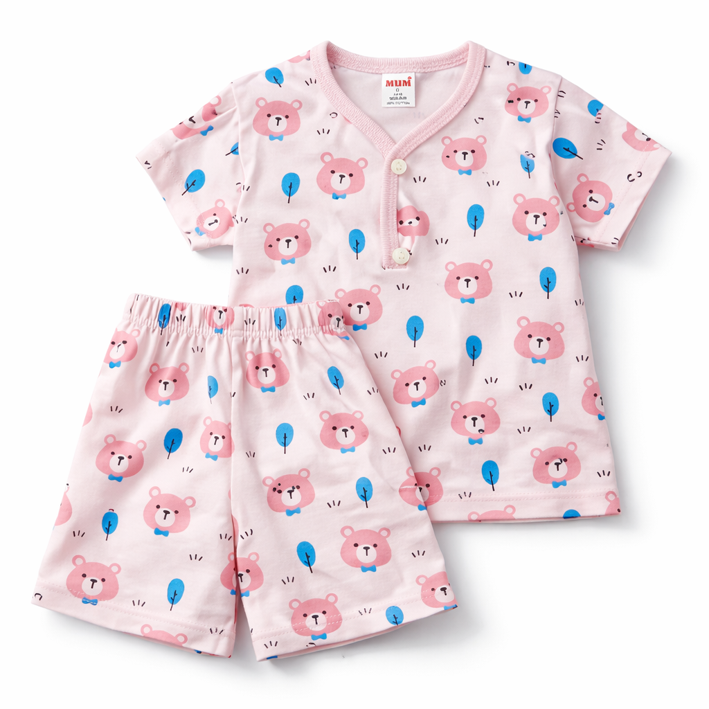 Mum Baby Bear Printed Cotton T-Shirt with Shorts Set – Pink - Cutypi