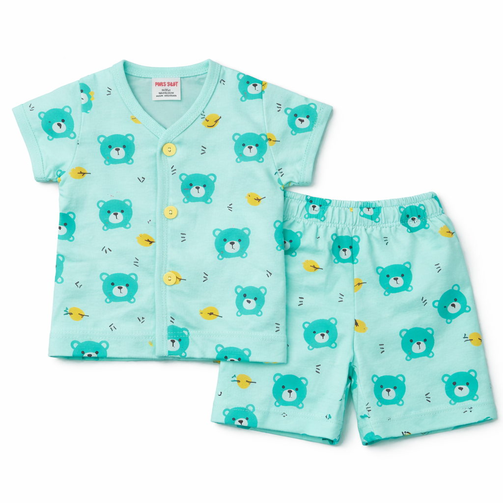 Mum Baby Bear Printed Cotton T-Shirt with Shorts Set – Mint Green - Cutypi