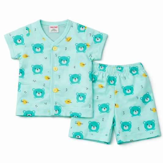 Baby Bear Printed Cotton T-Shirt with Shorts Set – Mint Green
