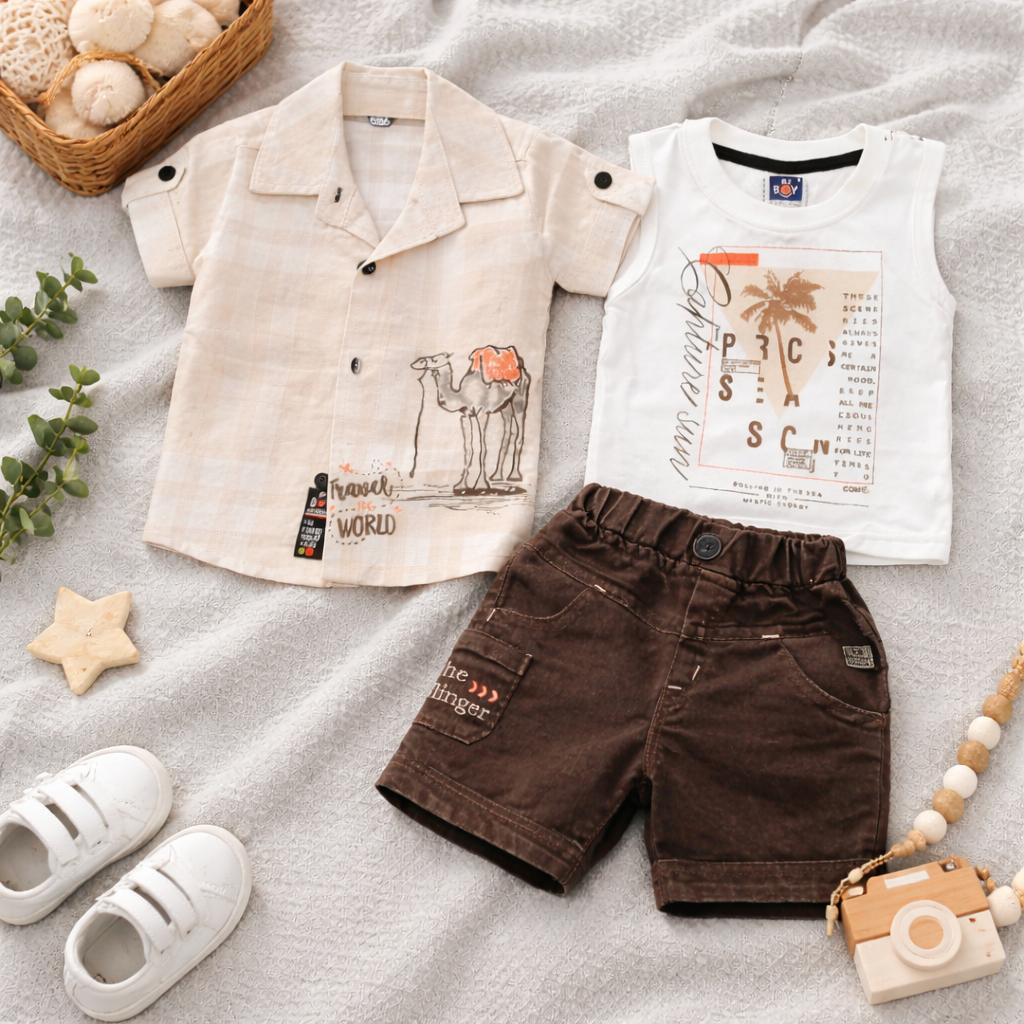 Half Sleeves Shirt & Denim Short Set With Text Printed Inner T-Shirt