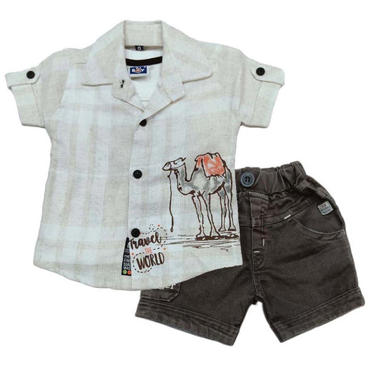 Half Sleeves Shirt & Denim Short Set With Text Printed Inner T-Shirt