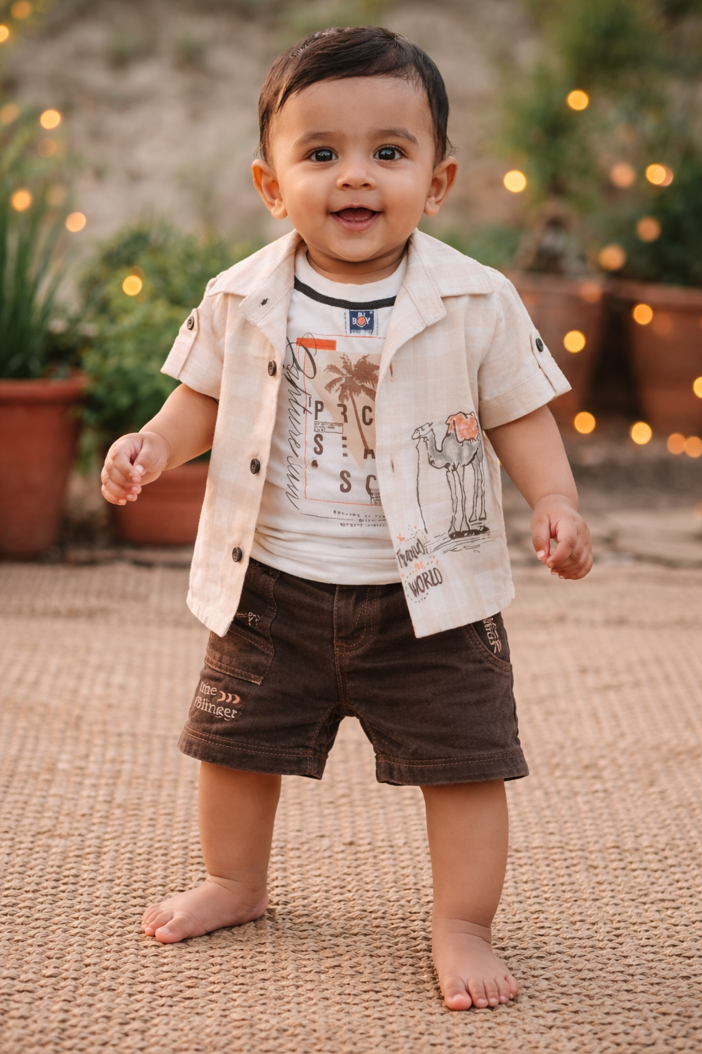 Half Sleeves Shirt & Denim Short Set With Text Printed Inner T-Shirt