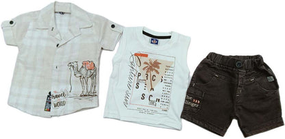 Half Sleeves Shirt & Denim Short Set With Text Printed Inner T-Shirt