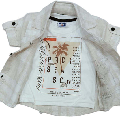 Half Sleeves Shirt & Denim Short Set With Text Printed Inner T-Shirt