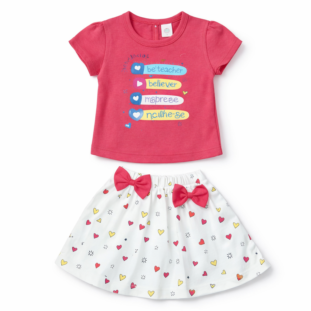 Karnika Baby Girl Pink Top with Heart Print Skirt Set Cotton Outfit Cute Summer Clothing Set - Cutypi