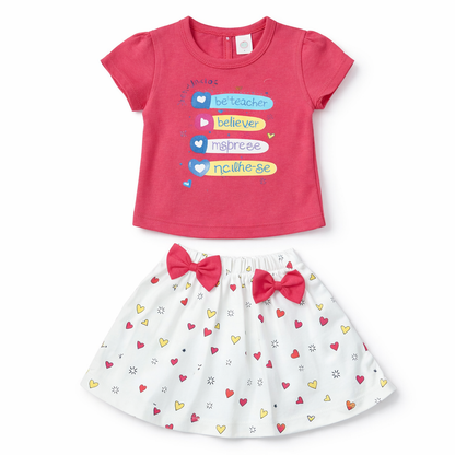 Karnika Baby Girl Pink Top with Heart Print Skirt Set Cotton Outfit Cute Summer Clothing Set - Cutypi