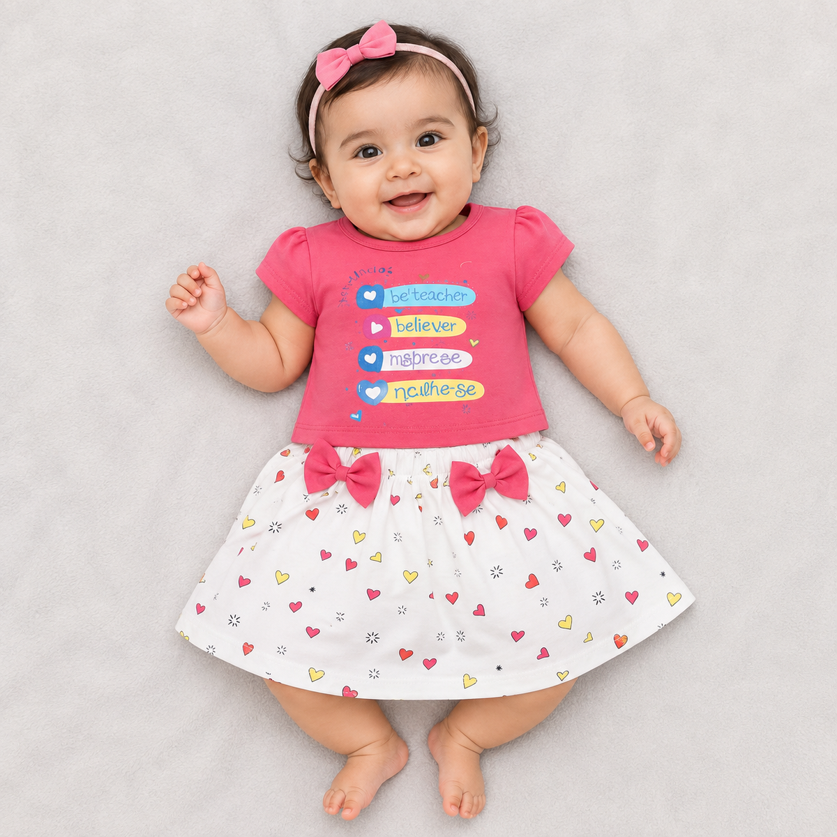 Baby Girl Pink Top with Heart Print Skirt Set Cotton Outfit Cute Summer Clothing Set
