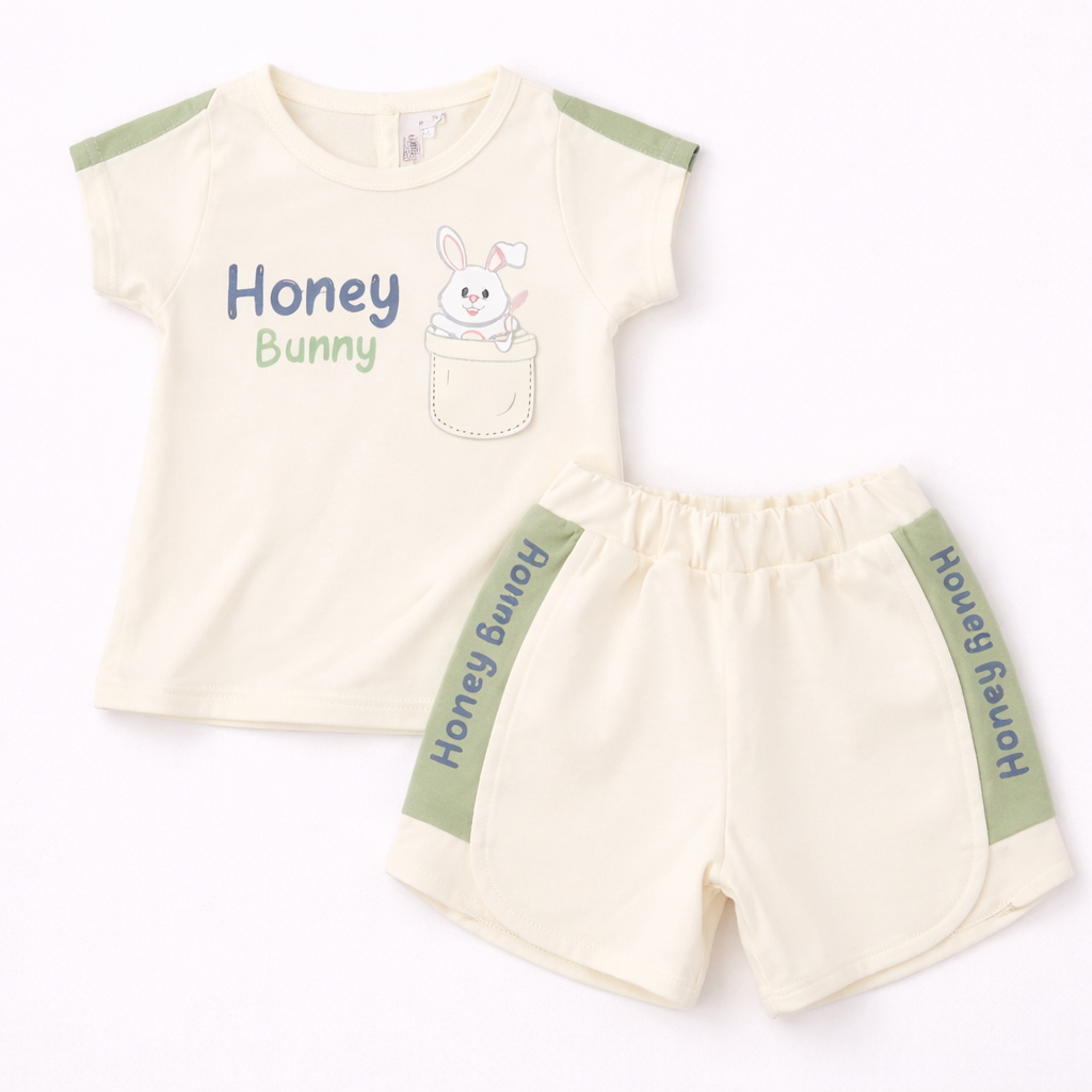 Karnika Baby Girl Cotton T-Shirt & Shorts Set Honey Bunny Print Summer Outfit - Cutypi