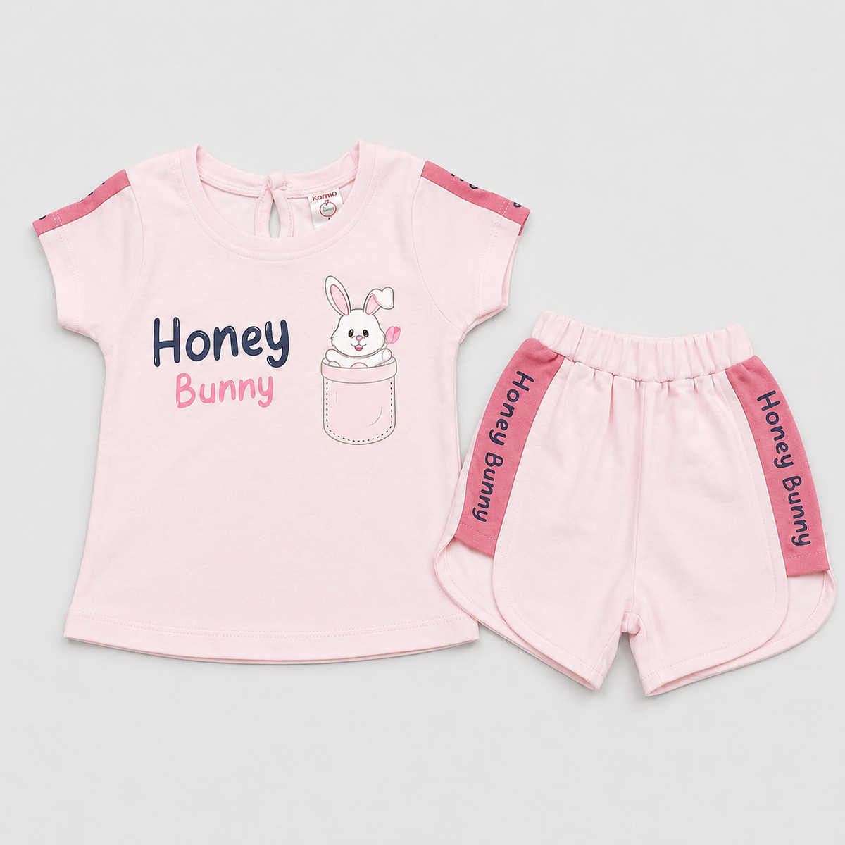 Baby Girl Cotton T-Shirt & Shorts Set Pink Honey Bunny Print Summer Outfit