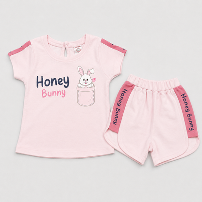 Baby Girl Cotton T-Shirt & Shorts Set Pink Honey Bunny Print Summer Outfit