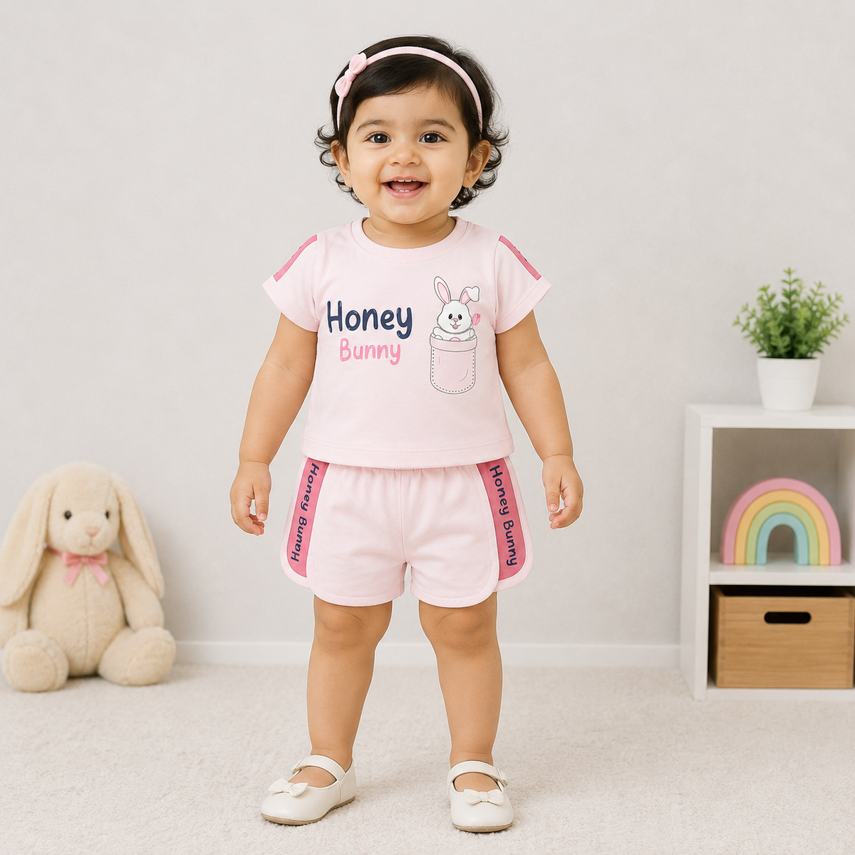 Baby Girl Cotton T-Shirt & Shorts Set Pink Honey Bunny Print Summer Outfit