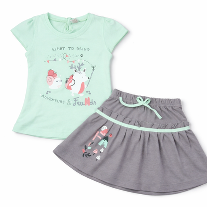 Karnika Baby Girl Mint Green Top with Grey Skirt Set Cotton Cute Printed Summer Outfit - Cutypi