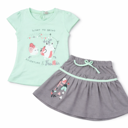 Karnika Baby Girl Mint Green Top with Grey Skirt Set Cotton Cute Printed Summer Outfit - Cutypi