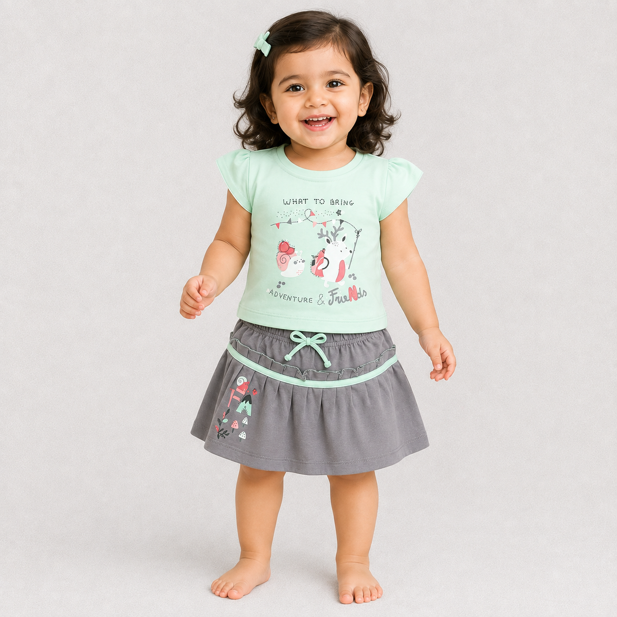 Baby Girl Mint Green Top with Grey Skirt Set Cotton Cute Printed Summer Outfit