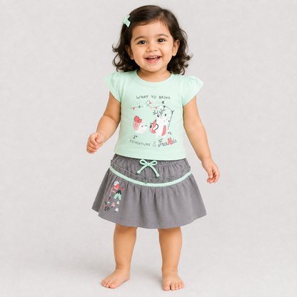 Baby Girl Mint Green Top with Grey Skirt Set Cotton Cute Printed Summer Outfit