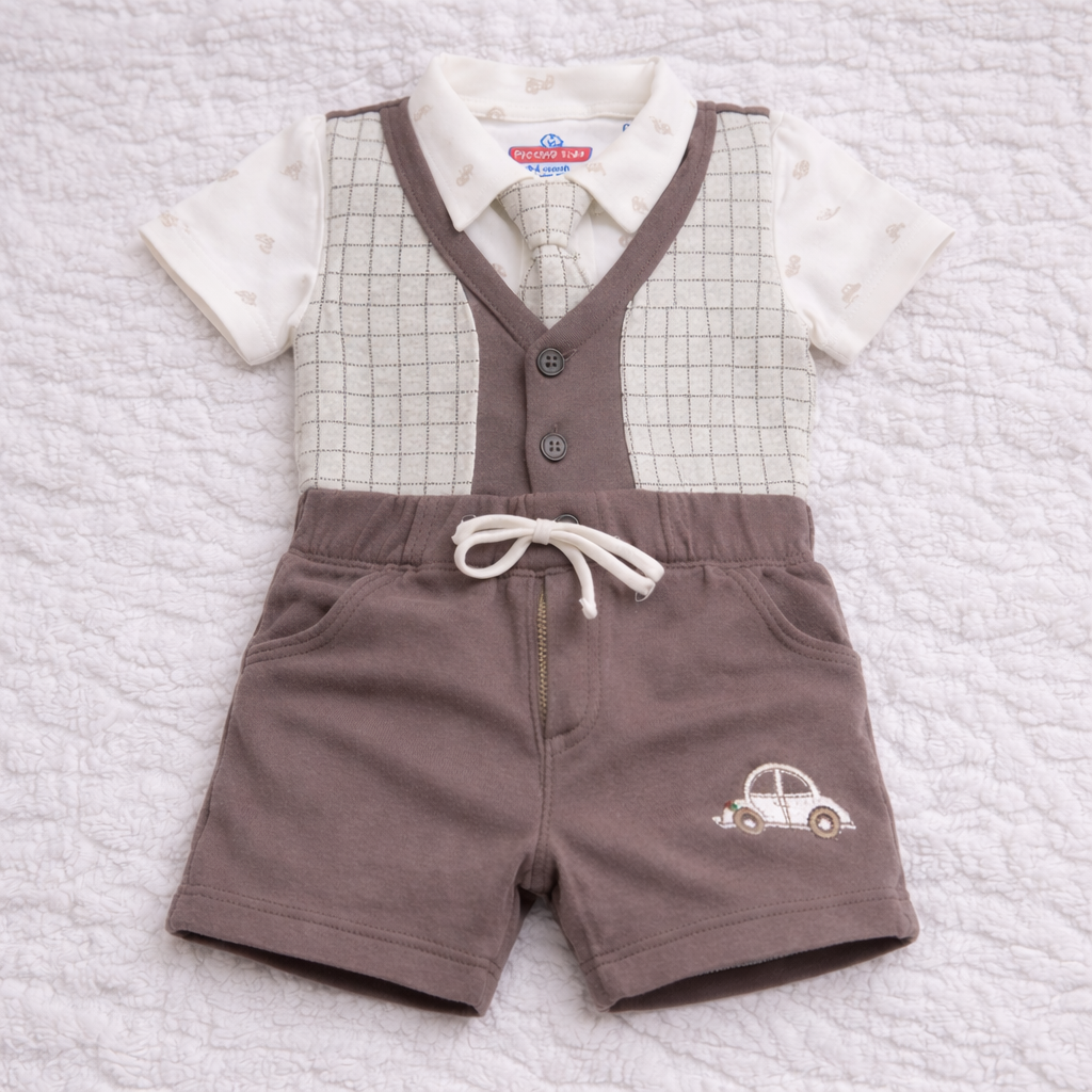 Baby Boy Cotton Hosiery Shirt with Bow, Attached Jacket & Half Pant Set