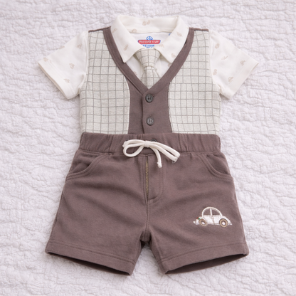 Baby Boy Cotton Hosiery Shirt with Bow, Attached Jacket & Half Pant Set