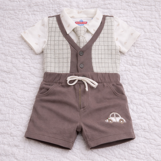 Baby Boy Cotton Hosiery Shirt with Bow, Attached Jacket & Half Pant Set