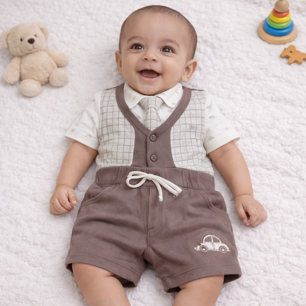Baby Boy Cotton Hosiery Shirt with Bow, Attached Jacket & Half Pant Set