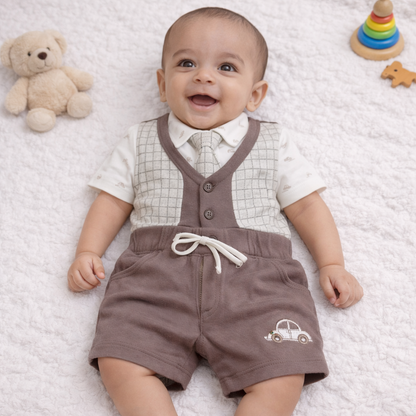Baby Boy Cotton Hosiery Shirt with Bow, Attached Jacket & Half Pant Set