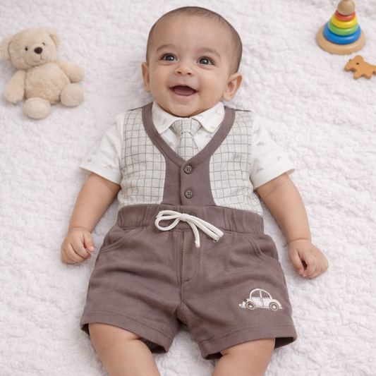 Baby Boy Cotton Hosiery Shirt with Bow, Attached Jacket & Half Pant Set
