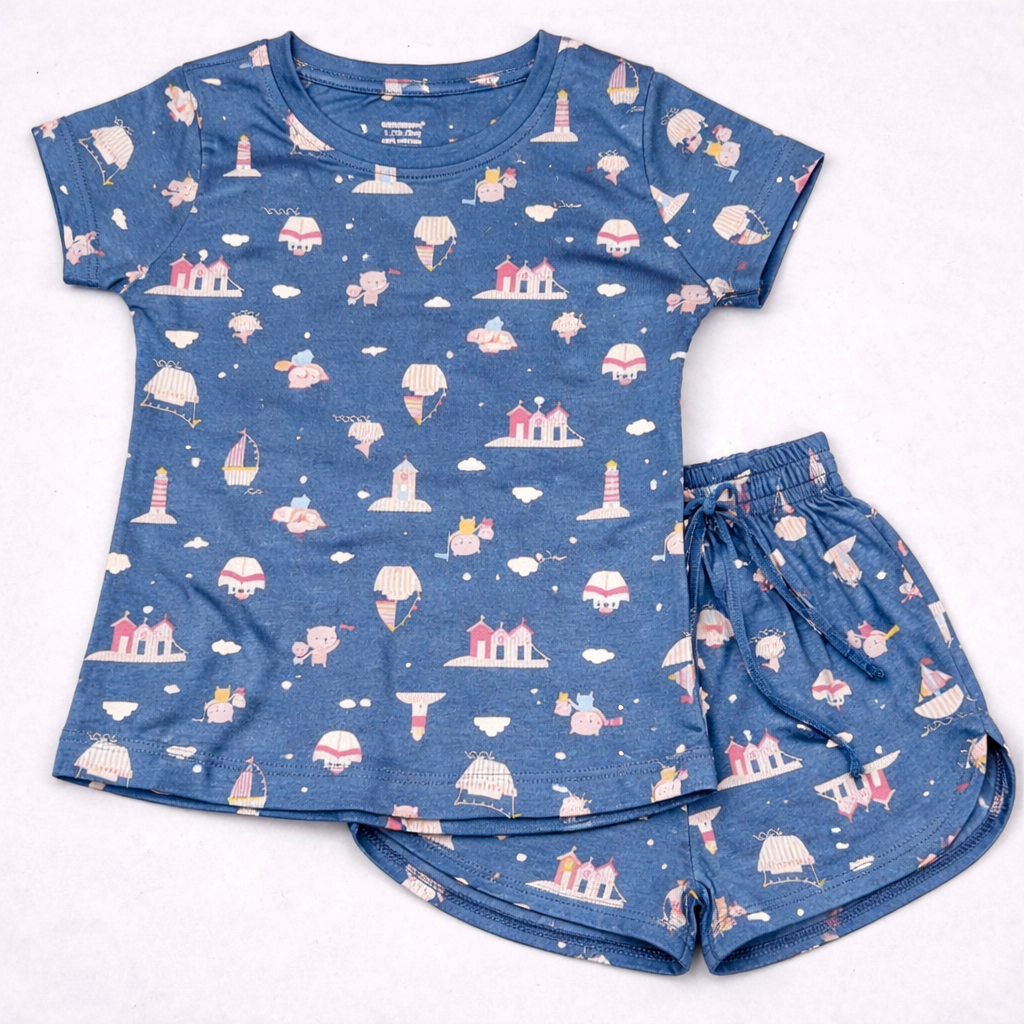 Cucumber Baby Girl Cotton Co-Ord Set Blue Scenic Print T-Shirt and Shorts Set - Cutypi