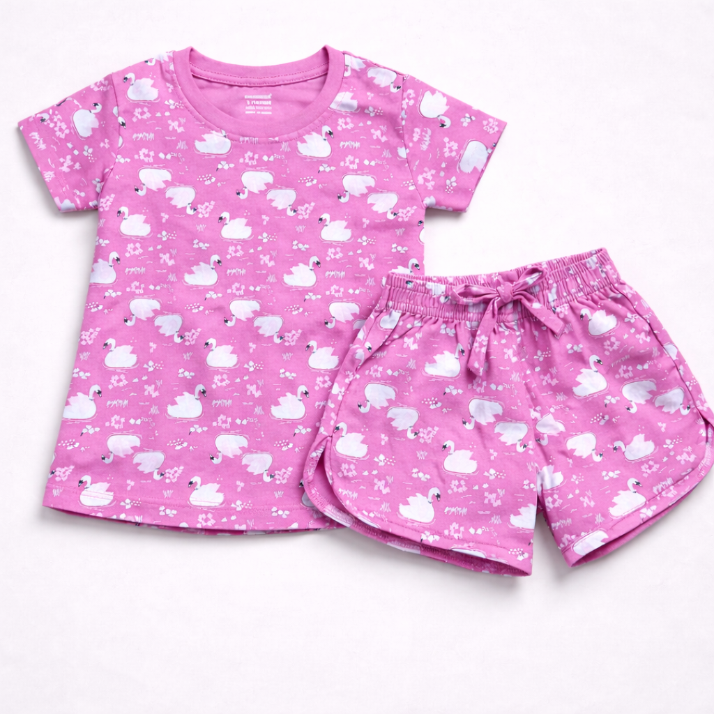 Cucumber Baby Girl Cotton Co-Ord Set Pink Swan Print T-Shirt and Shorts Set - Cutypi