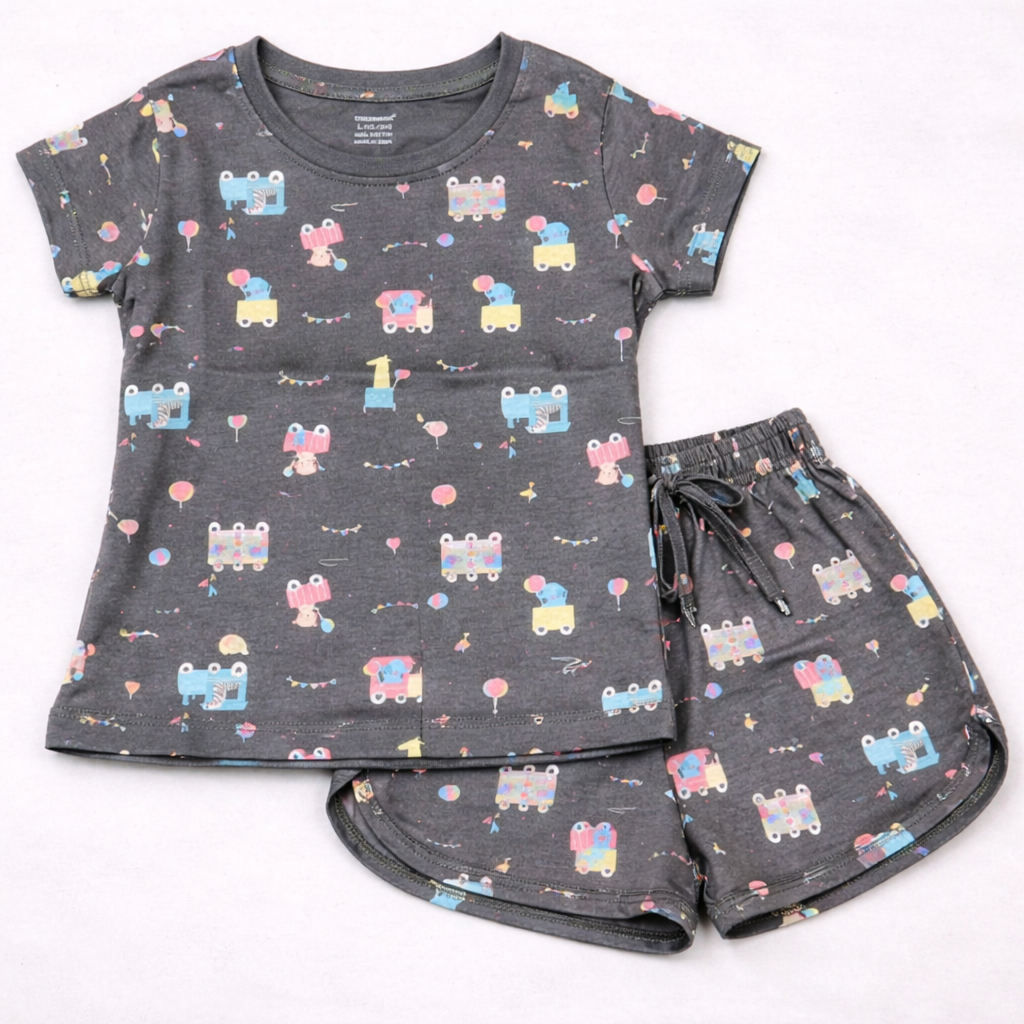 Cucumber Baby Girl Cotton Co-Ord Set Blue Printed T-Shirt and Shorts Set - Cutypi