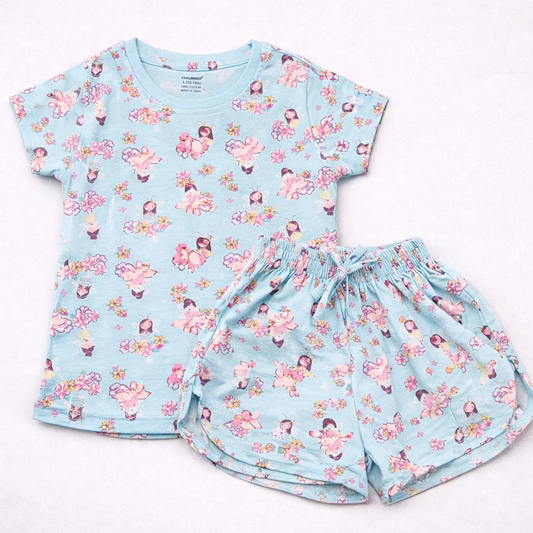 Cucumber Baby Girl Cotton Co-Ord Set Blue Fairy Print T-Shirt and Shorts Set - Cutypi